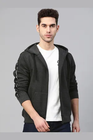 Park Avenue Men Charcoal Grey Solid Hooded Sweatshirt