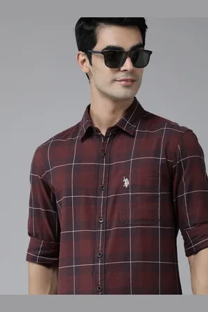 Ralph Lauren U S Polo Assn Denim Co Men Maroon & Navy Blue Slim Fit Tartan Checked Cotton Casual Shirt