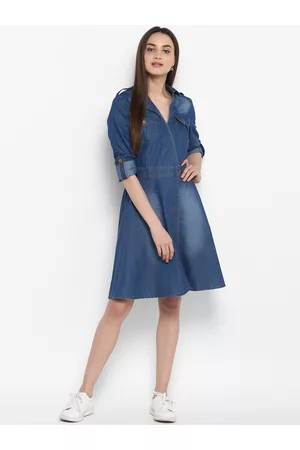 StyleStone Women Blue Solid Denim Shirt Dress