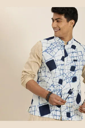 Taavi Men White & Blue Cyanotype Print Nehru Jacket
