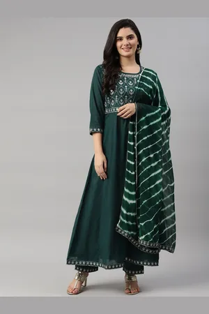 HERE&NOW Women Green Embroidered Kurta with Trousers & With Dupatta