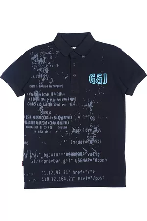 Gini and Jony Boys Black Typography Printed Polo Collar Cotton T-shirt