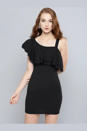 Veni Vidi Vici Women Black Solid Ruffled One Shoulder Bodycon Dress