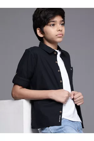 WROGN Boys Navy Blue Slim Fit Solid Opaque Pure Cotton Casual Shirt
