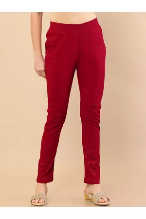 Soch Women Red High-Rise Trousers With Floral Embroidery