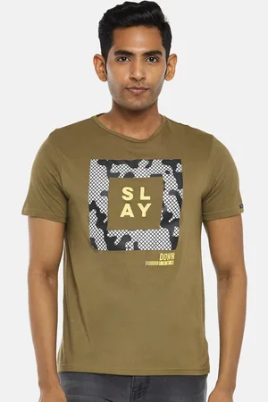 PEOPLE Men Olive Green Printed Slim Fit T-shirt