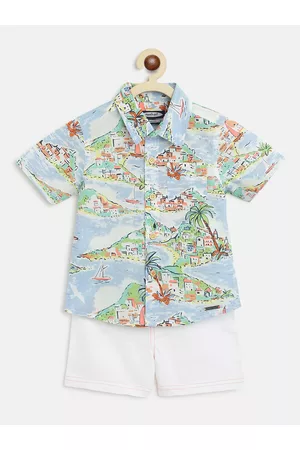 Nauti Nati Boys Blue & White Printed Pure Cotton Shirt with Shorts