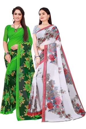 Kalini Green & White Floral Printed Pure Georgette Saree Pack Of 2