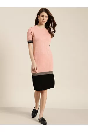 Invictus Women Peach-Coloured & Black Colourblocked Self-Striped Sheath Dress