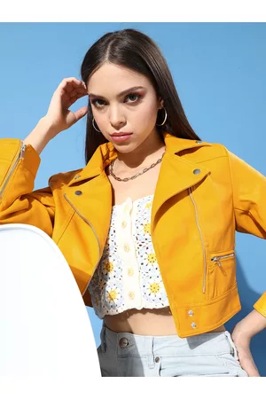 Tokyo Talkies Women Mustard Yellow Crop Biker Jacket