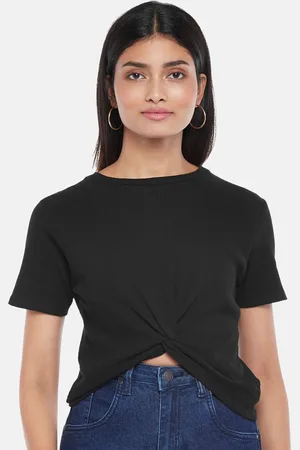 PEOPLE Women Black Short Sleeve Round Neck Waist Twisted Crop Top
