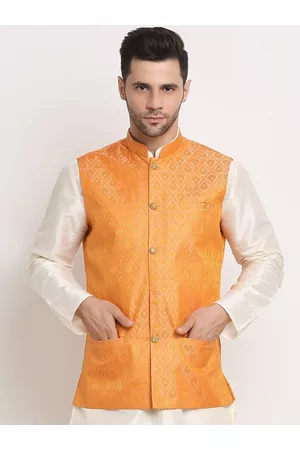 Kraft Men Yellow Woven Design Jacquard Nehru Jacket