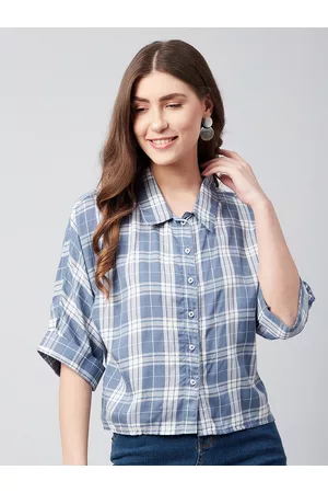 Chimpaaanzee Women Blue Tartan Checks Boxy Fit Crop Shirt