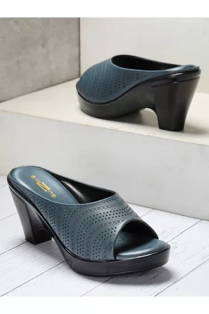 SHEZONE Blue Textured Block Peep Toes with Laser Cuts