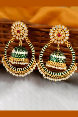 Dastoor Green & White Gold-Plated Contemporary Jhumkas Earrings