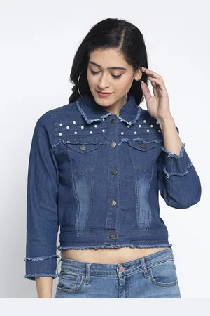 Miaz Lifestyle Women Navy Blue Washed Lightweight Crop Cotton Denim Jacket