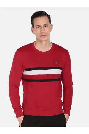 Arrow Men Red Striped Round Neck Sweatshirt