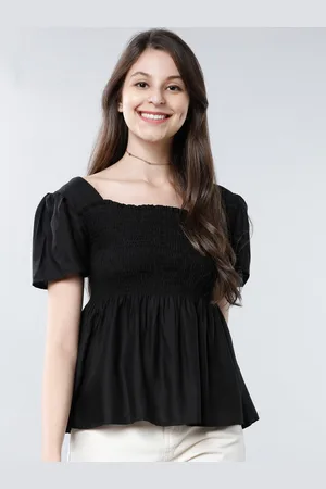 Tokyo Talkies Women Black Solid Smocked Peplum Top