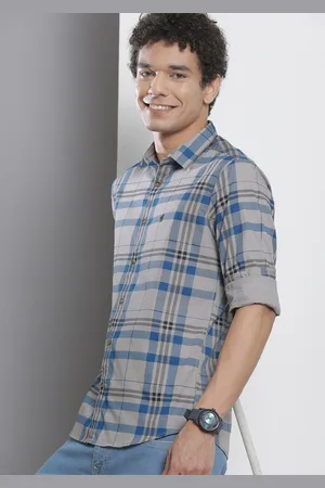 The Indian Garage Co Men Grey & Blue Checked Pure Cotton Twill Weave Casual Shirt