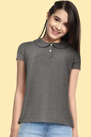 METRO KIDS COMPANY Girls Grey Melange Polo Collar T-shirt