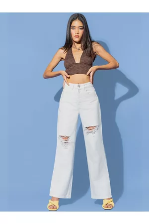 FREAKINS Women White Wide Leg High-Rise Slash Knee Jeans