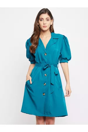 Color Cocktail Women Blue Crepe Shirt Dress