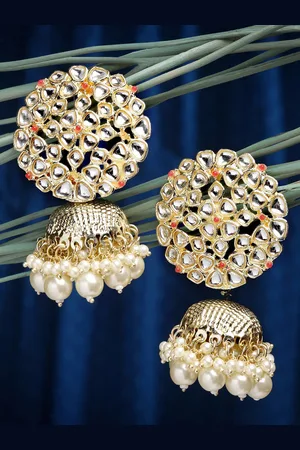 karatcart Women Gold-Toned & White Contemporary Jhumkas Earrings