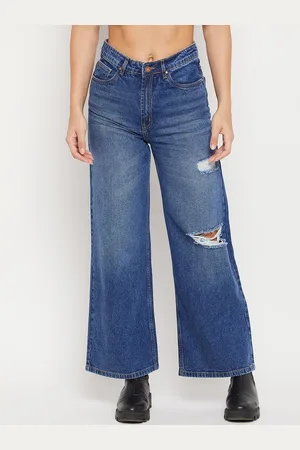 MADAME Women Navy Blue Wide Leg High-Rise Mildly Distressed Light Fade Jeans