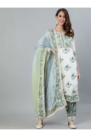 Ishin Women White Ethnic Motifs Embroidered Layered Pure Cotton Kurta with Salwar & With Dupatta