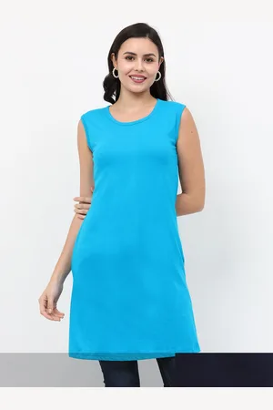 Fleximaa Woman Pack of 2 Blue & Navy Blue Solid Longline Pure Cotton Top