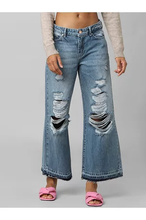 ONLY Women Blue Wide Leg Highly Distressed Light Fade Jeans