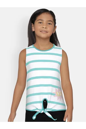 METRO KIDS COMPANY Girls Blue Organic Cotton Striped Round Neck T-shirt