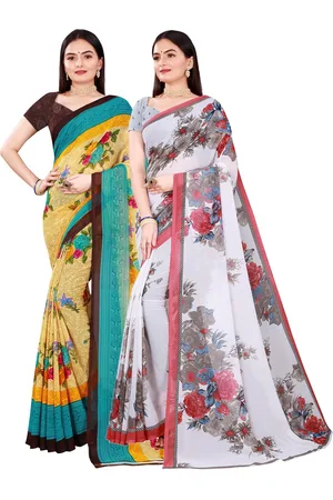Florence White & Beige Floral Pure Georgette Sarees Pack of 2