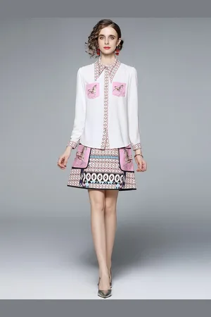 JC Collection Women Pink & White Printed Shirt & Skirt Co-Ords