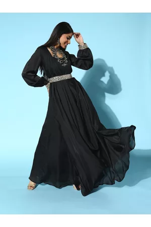 Inddus Women Classic Black Solid Ethereal Embroidery Dress