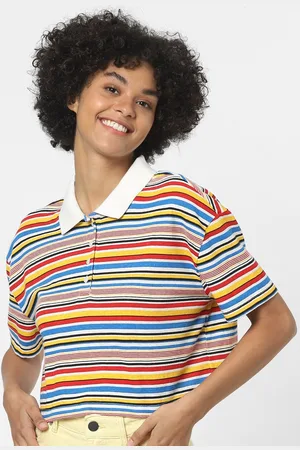 ONLY Women Yellow & Red Striped T-shirt