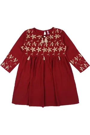 Ishin Maroon Floral Embroidered Tie-Up Neck Cinched Waist Top