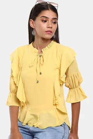 V-Mart Women Mustard Yellow Tie-Up Neck Peplum Top