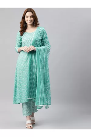 RAJGRANTH Women Sea Green & White Printed Pure Cotton Kurta with Trousers & Dupatta