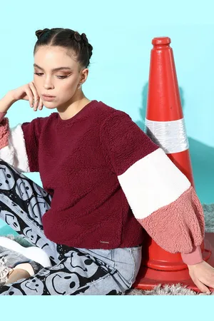 Roadster Women Burgundy Solid Go Fur It Sweatshirt