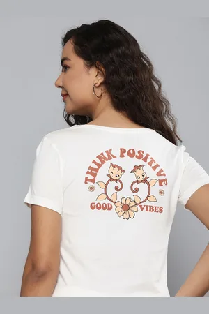 HERE&NOW Women Off White & Red Typography Printed Pure Cotton T-shirt