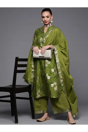 Biba Women Green Ethnic Motifs Embroidered Pure Cotton Kurta with Palazzos & With Dupatta