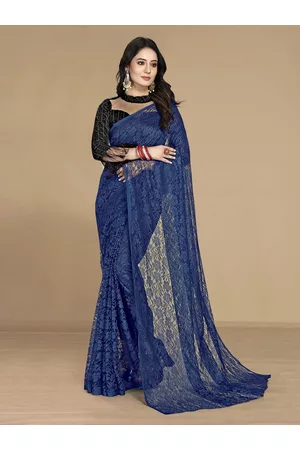 Kalini Women Navy Blue Floral Net Saree With Unstitched Blouse