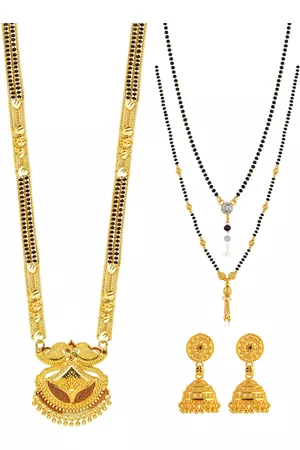 Brandsoon Gold Toned & Black Set of 5 Beaded Mangalsutra & Earrings