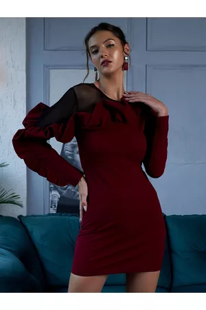ATHENA Women Solid Ruffles Bodycon Mini Dress