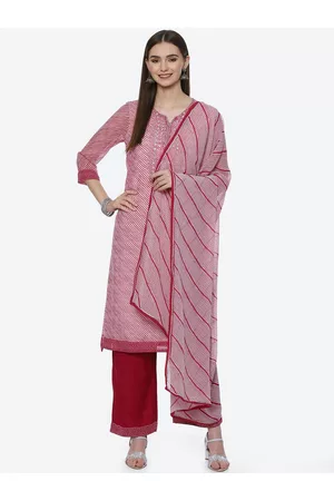 Biba Women Pink Leheriya Striped Sequinned Kurta with Palazzos & With Dupatta