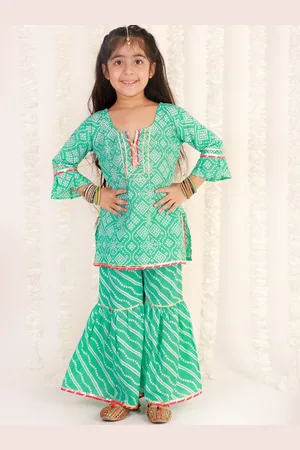 The Mom Store Girls Teal Printed Gotta Patti Pure Cotton Kurta with Sharara