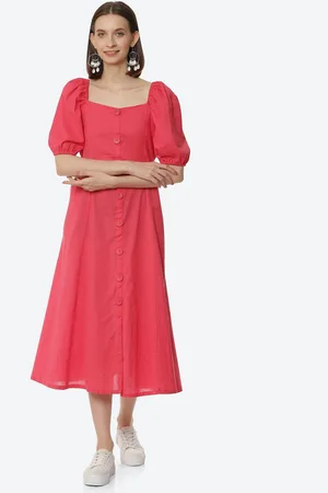 Rangriti Women Coral Puff Sleeves Midi Dress