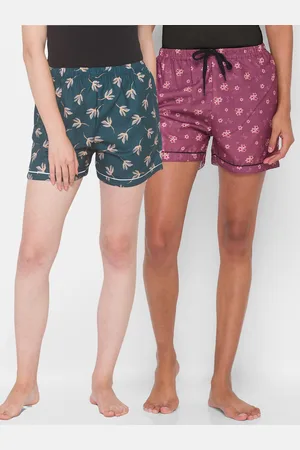 FashionRack Pack of 2 Women Green & Purple Printed Cotton Lounge Shorts
