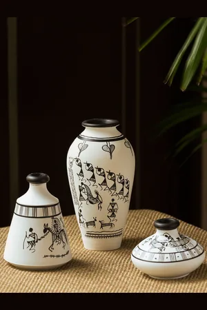 ExclusiveLane Set of 3 White Warli Hand-Painted Terracotta Vases